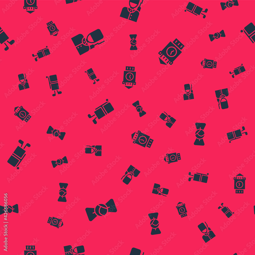 Set Bow tie, British soldier, Golf bag with clubs and Big Ben tower on seamless pattern. Vector Set Bow tie, British soldier, Golf bag with clubs and Big Ben tower on seamless pattern. Vector