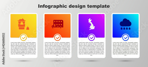 Set Coffee cup to go, Double decker bus, England map and Cloud with rain. Business infographic template. Vector