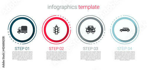 Set Delivery cargo truck, Traffic light, Car and Hatchback. Business infographic template. Vector