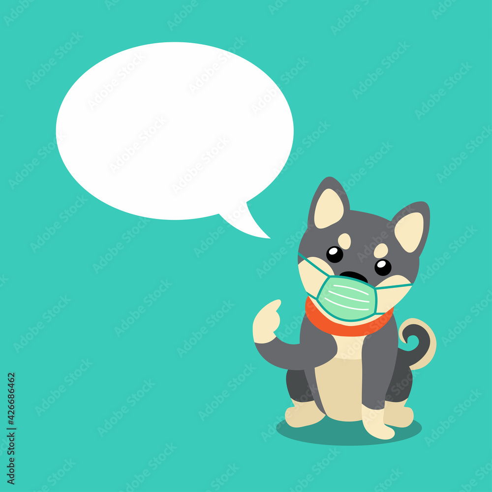 Cartoon character shiba inu dog wearing protective face mask with speech bubble for design.