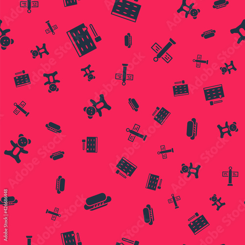 Set Hotdog, Arcade game machine, Teddy bear plush toy and Road traffic signpost on seamless pattern. Vector