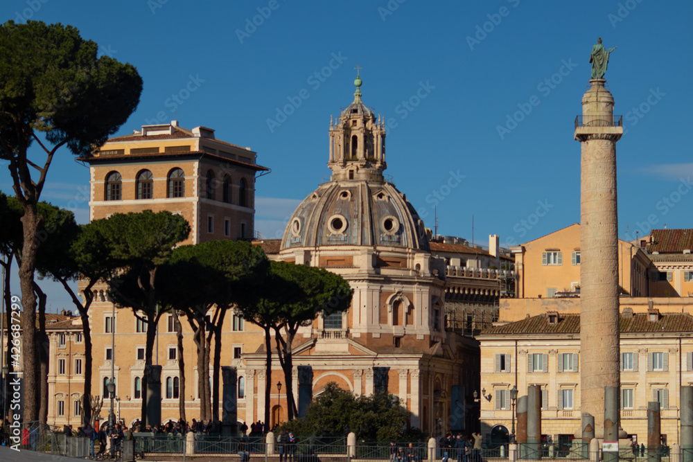 Trajan Column, Santa Maria de Loreto church and Chiesa del Santissimo Nome di Maria in Trajan's Forum. Rome, Italy