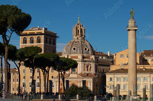 Trajan Column, Santa Maria de Loreto church and Chiesa del Santissimo Nome di Maria in Trajan's Forum. Rome, Italy