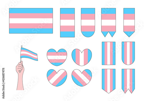 set of lgbt transgender pride flags, hearts and symbols, vector illustration