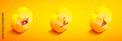 Set Isometric Ushanka, Slavic pagan idol and Balalaika icon. Vector