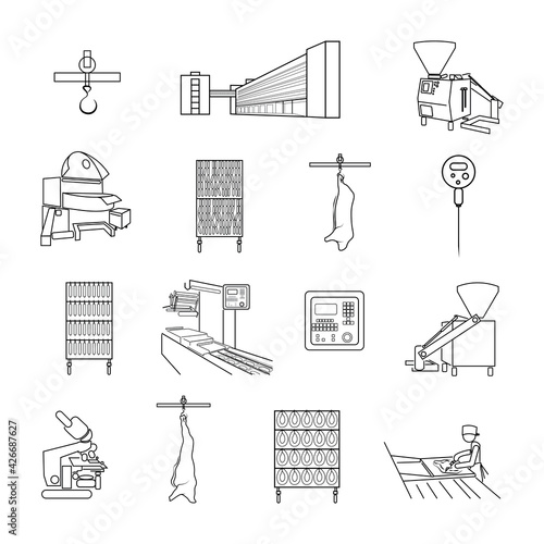 Meat processing plant, set of vector icons. Processing of meat into sausages. Industrial equipment, meat grinder, packaging, multivac, gas,. People are working. Carcass of pork, beef. Meat industry.