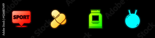 Set Location gym, Sports nutrition, and Kettlebell icon. Vector