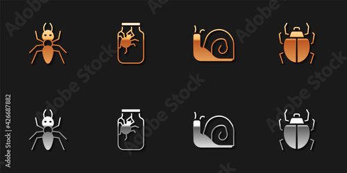 Set Ant, Spider in jar, Snail and Mite icon. Vector