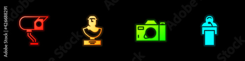 Set Security camera, Ancient bust sculpture, Photo and Gives lecture icon. Vector