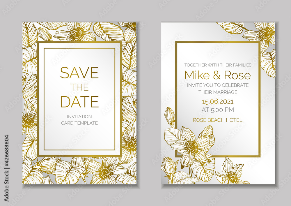 Luxury floral wedding invitation design or greeting card templates with golden abstract flowers on light background. Luxury floral wedding invitation design or greeting card templates with golden abstract flowers on light background.