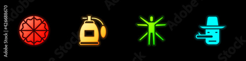 Set Pizza, Perfume, Vitruvian Man and Pinocchio icon. Vector