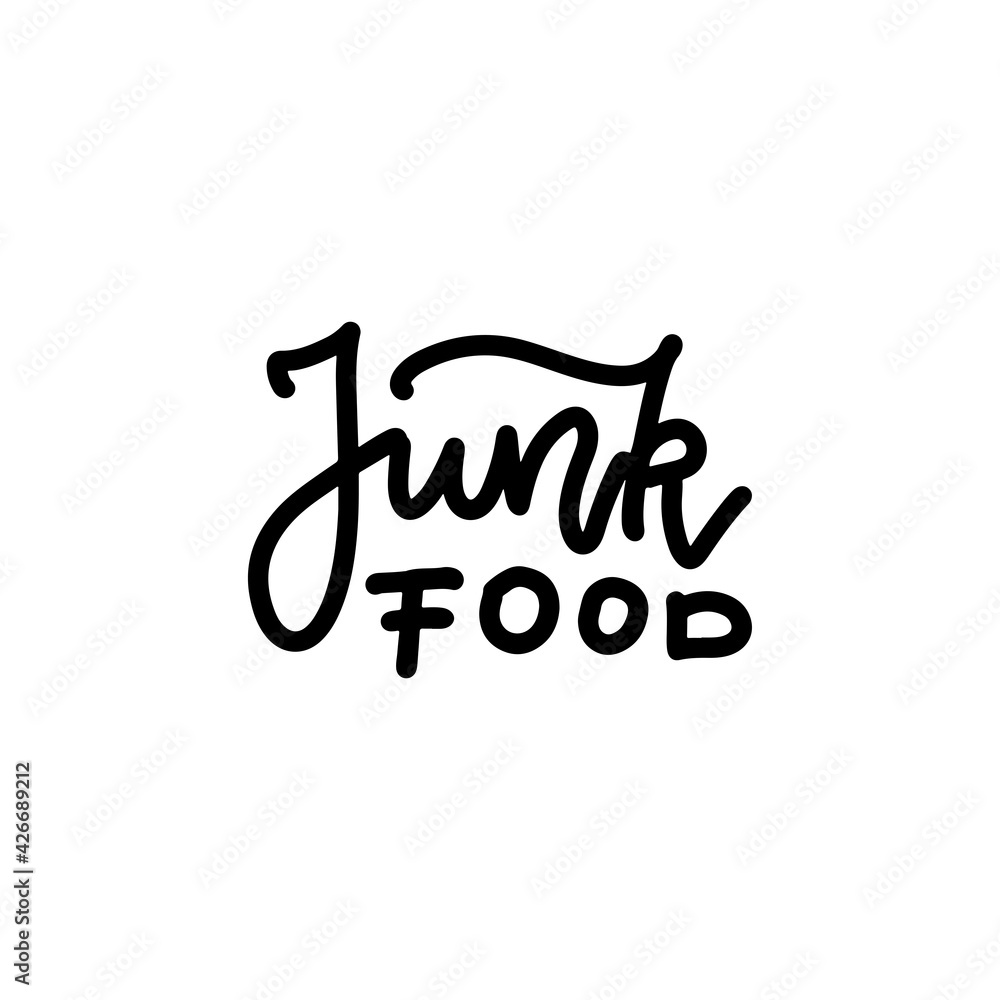 Junk food - Hand written lettering sign in black and white. Rough, draft, grungy vector logo template Junk food - Hand written lettering sign in black and white. Rough, draft, grungy vector logo template