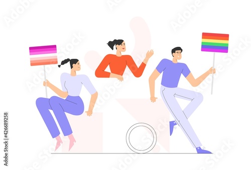 Women or transgender and man hold banners with LGBT flag, lesbian flag. Equality, Homosexuality, Pride month.