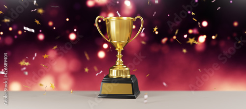close up golden trophy award with falling confetti. copy space for text. 3d rendering. 