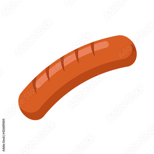 Simple fried sausage icon isolated on white background. Street food concept. Fast food. Juicy delicious grilled sausage. Color image. Vector illustration in cartoon style	