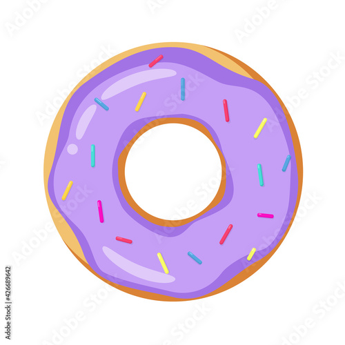 Donut with icing purple and colorful sprinkles, isolated color icon on white background. Simple icon of fast food, dessert for cafes, restaurants, shops. Fast Food Symbol. Flat vector illustration	
