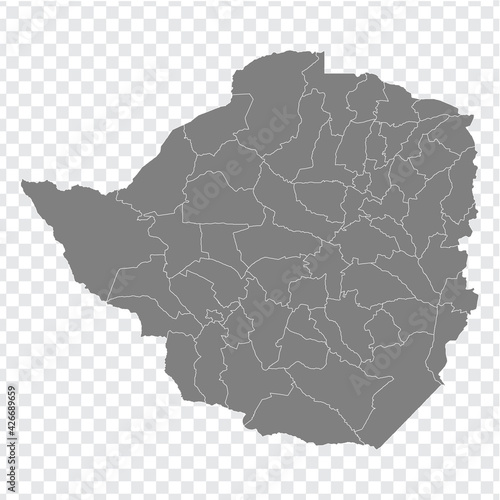 Blank map of Zimbabwe. Districts of Zimbabwe map. High detailed vector map Republic of Zimbabwe on transparent background for your web site design, app, UI. EPS10. 