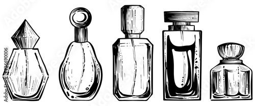Set of different perfume bottles, monochrome vector