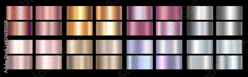 Gold rose, silver, holographic, bronze, copper and golden foil texture gradation background set. Vector shiny hologram and metalic gradient collection for border, frame, ribbon, label design
