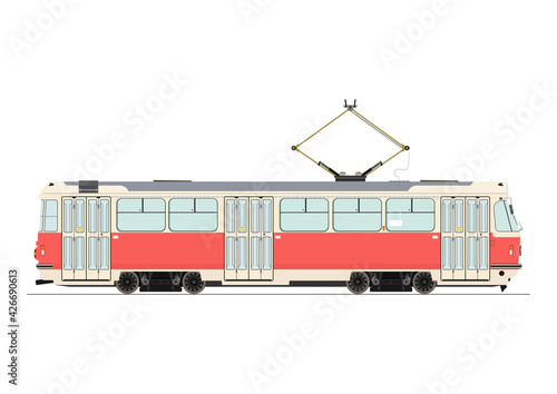 Vintage electric tram. Side view. Flat vector.
