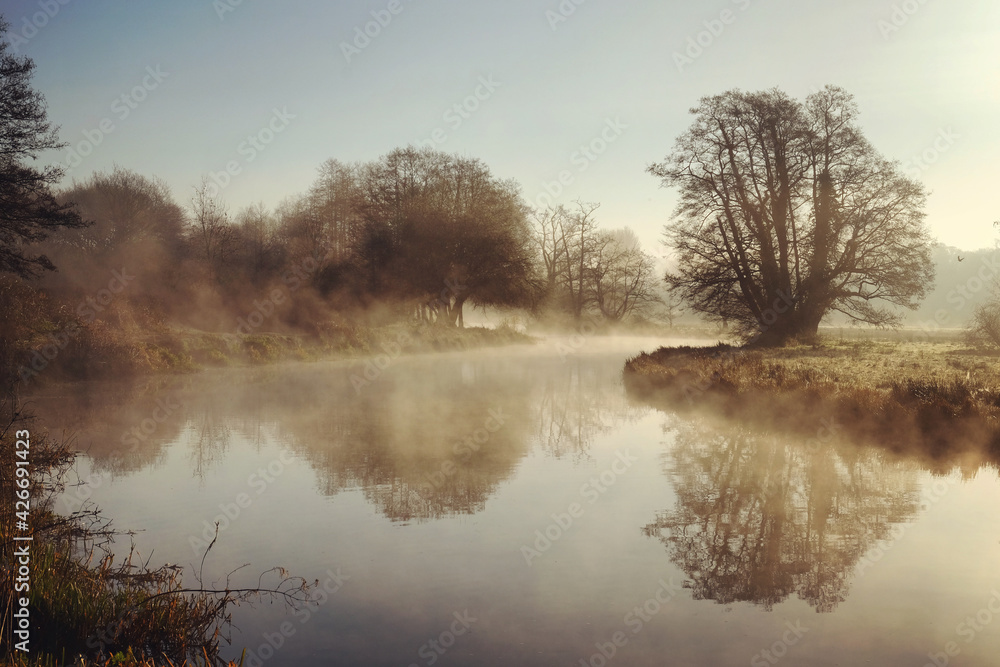 Misty morning along the River Wey in Godalming, Surrey, UK