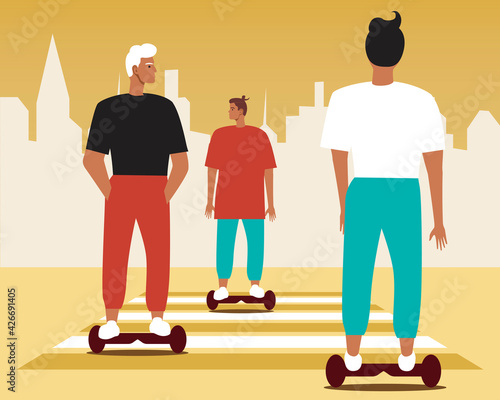 People on a hoverboard, flat vector stock illustration with modern electronic skateboa, People move eco friendly