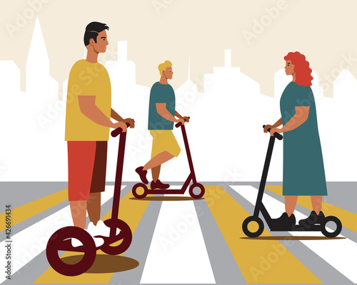 People on e-scooter and gyro scooter in the city, flat vector stock illustration with modern hoverboard and urban personal mobility