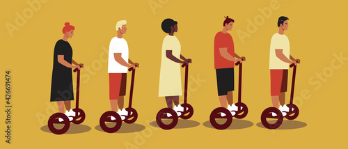 People on gyro scooters isolated, flat vector stock illustration with electronic hoverboard for shifting, use of modern gyro technology
