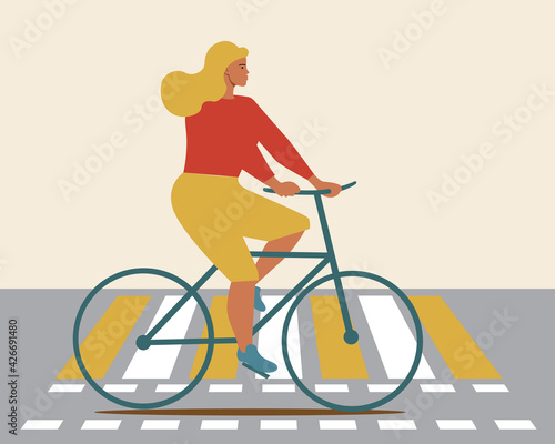 Woman on a bike on a crosswalk, flat vector stock illustration with a cyclist on a bike lane, a crosswalk in the city as an eco-friendly urban transport concept