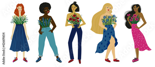 Women of different ethnicity with flowers
