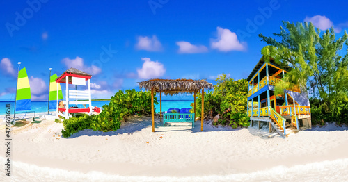 Half Moon Cay - small Caribbean island at Bahamas. Blue water and white sand. Collage
