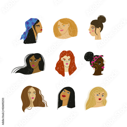Cartoon women portraits of different ethnicity