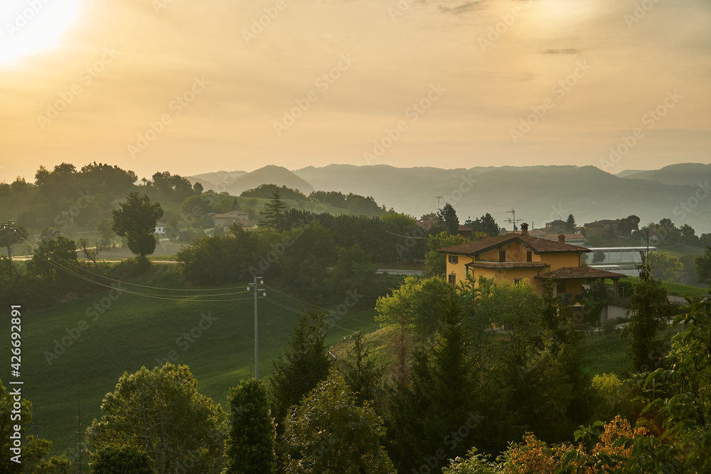 Scenic nature and hills at sunrise, Emilia-Romagna, Italy.