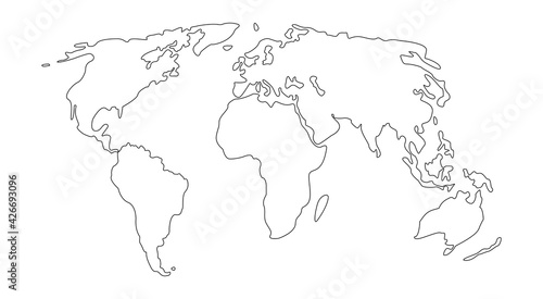 World map line art. Hand drawn continents.One line style world earth .Europe, America, Asia, Australia, Africa.Planet Earth simple graphic style,map contour.Vector isolated on white background.