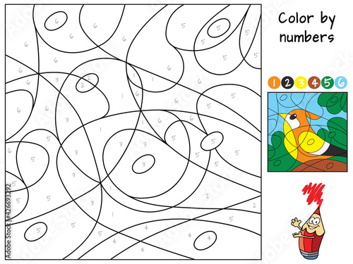 Little bird. Color by numbers. Coloring book. Cartoon vector illustration