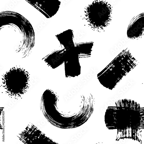 Abstract seamless pattern with cross, half-circle, circle and other brush strokes stains splashes isolated on white background. Ink grunge texture. Vector wallpaper.	