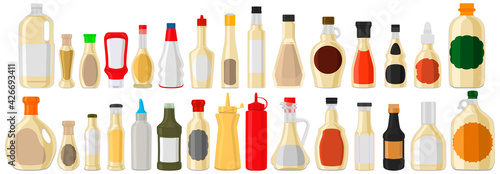 Illustration on theme big kit varied glass bottles filled liquid sauce tartar