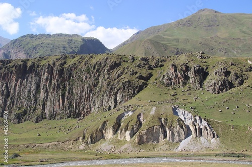 morning in the mountains kazbegi. Mountain landscape. alpine meadows. Kazbek mountains