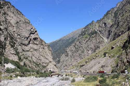 mountains in Georgia. pass. border of Russia and Georgia. mountain pass on a sunny day. Georgian military road.