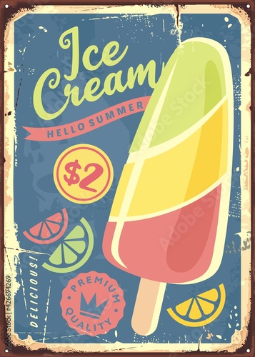 Ice cream on a stick retro ad poster with funky colorful design elements. Citrus flavors icecream vintage sign. Sweet food vector label graphic.