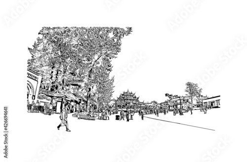 Building view with landmark of Dujiangyan is the city of China. Hand drawn sketch illustration in vector.