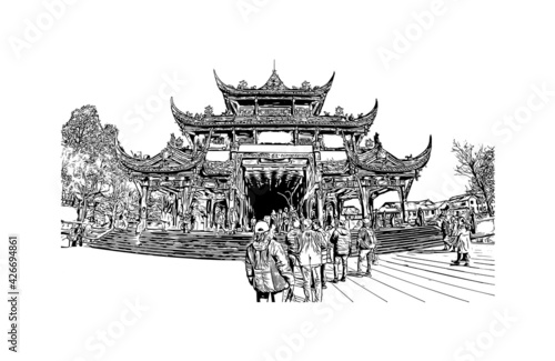 Building view with landmark of Dujiangyan is the city of China. Hand drawn sketch illustration in vector.