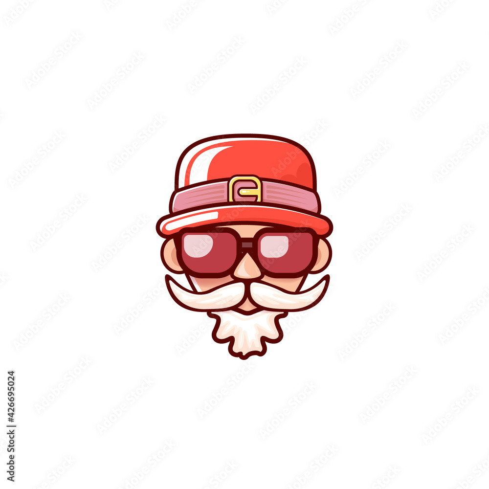 Santa Claus head with Santa red hat and hipster sunglasses isolated on white Christmas background. Santa label or sticker design