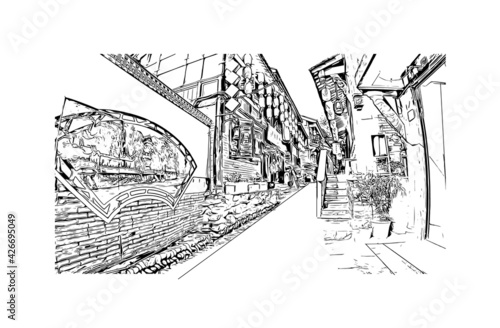 Building view with landmark of Dujiangyan is the city of China. Hand drawn sketch illustration in vector.
