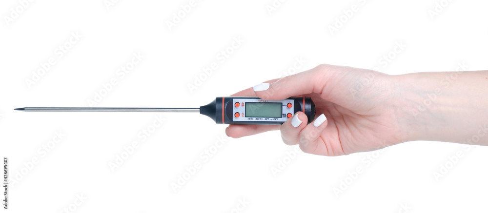 Digital food thermometer in hand on white background isolation