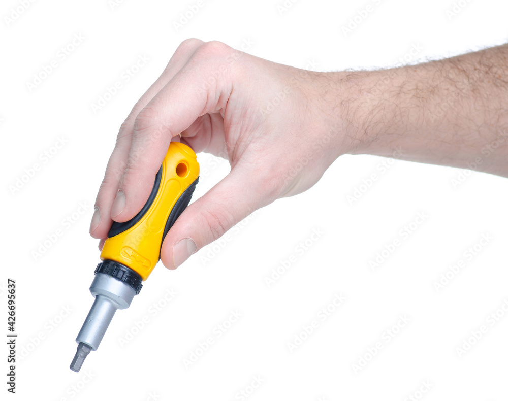 Small screwdriver in hand on white background isolation