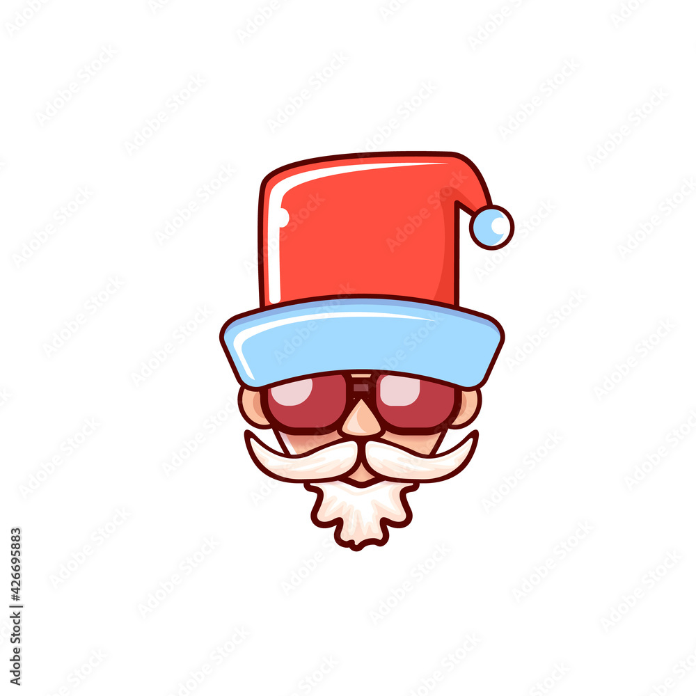 Santa Claus head with Santa red hat and hipster sunglasses isolated on white Christmas background. Santa label or sticker design