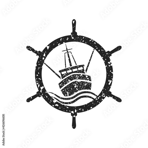 Steering wheel and ship emblem. Black ink grunge silhouette. Seiner, trawler. Fishing boat. Vector simple flat graphic illustration. The isolated object on a white background. Isolate.