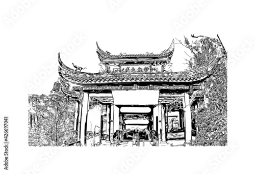 Building view with landmark of Dujiangyan is the city of China. Hand drawn sketch illustration in vector.