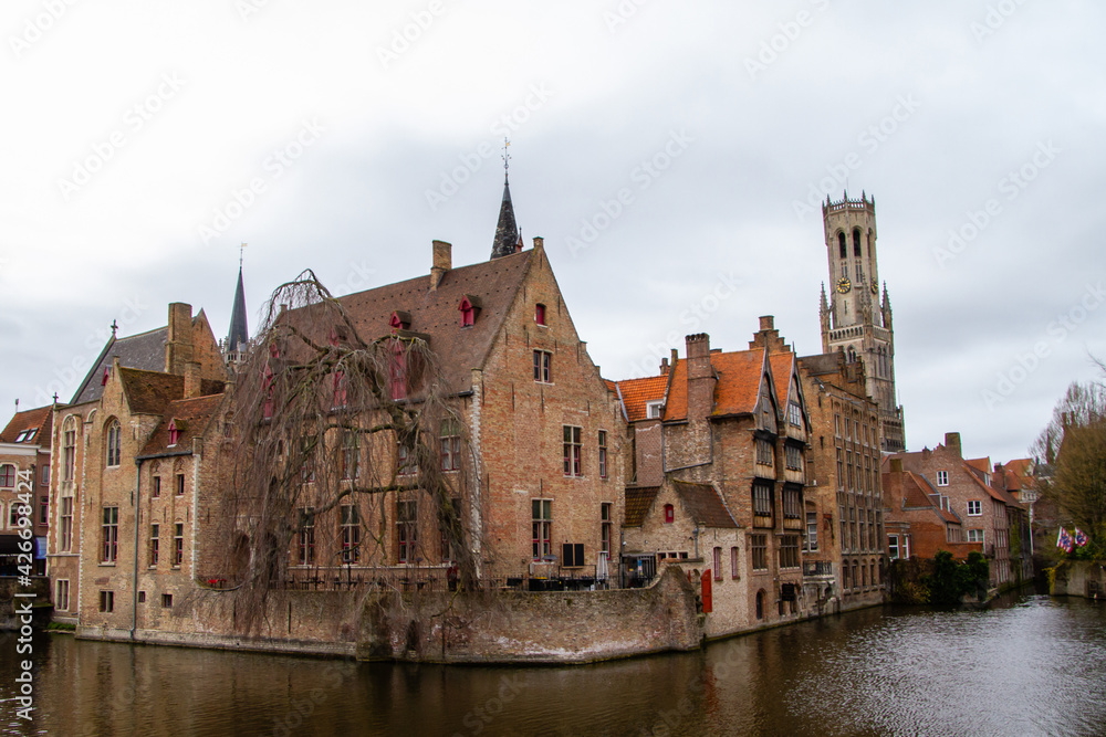 Bruges, Belgium, view of the Belfry from the canals